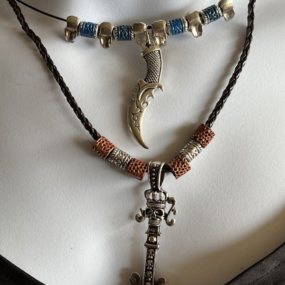 Dagger Knife Choker Necklace Skull Braided Beaded Necklace Bundle 2pc Gothic Emo